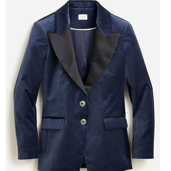 J. Crew X Marie Marot Blue Tuxedo Velvet Stretch Holiday Formal Party Blazer, 00 - Picture 1 of 14